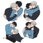  black_hair blue_eyes blush brown_eyes glasses hug imminent_kiss katsuki_yuuri kiss male_focus miyuli multiple_boys neck_kiss open_mouth silver_hair smile viktor_nikiforov yaoi yuri!!!_on_ice 