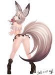  2016 animal_ear_fluff animal_ears arched_back artist_name ass bangs bare_shoulders black_skirt blade_&amp;_soul blue_eyes blush boots breasts dated eyebrows_visible_through_hair fox_ears fox_girl fox_tail frilled_skirt frills from_behind full_body hair_ribbon high_heel_boots high_heels highres large_tail looking_back low_twintails lyn_(blade_&amp;_soul) medium_breasts mhg_(hellma) own_hands_together panties red_ribbon ribbon shiny shiny_skin sideboob signature silver_hair simple_background skirt solo standing tail thighs twintails underwear wavy_hair white_background white_panties 