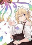  ;) absurdres bangs bare_shoulders bell black_bow black_neckwear blonde_hair blue_eyes bow bowtie breasts closed_mouth commentary confetti flying_sweatdrops followers frilled_shirt frills hair_between_eyes hand_up highres kinpatsu-chan_(rucchiifu) large_breasts looking_at_viewer maid maid_headdress off_shoulder one_eye_closed original rucchiifu shirt simple_background smile solo streamers sweatdrop underbust v white_background 