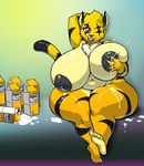  2016 anthro big_breasts blue_eyes breasts feline female fur huge_breasts lactating mammal milk milk_carton nipples nude obese one_eye_closed overweight parfait_(plaga) simple_background smile solo stripes teeth thick_thighs tiger vdisco voluptuous wide_hips wink yellow_fur 