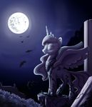  2015 badday28 bat equine eyelashes female feral friendship_is_magic full_moon fur grass hair horn mammal moon my_little_pony night outside princess_luna_(mlp) sculpture sky smile solo statue winged_unicorn wings 