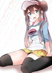  :d alternate_legwear arms_at_sides blue_eyes blush bow breasts brown_hair collarbone double_bun hair_between_eyes highres long_hair long_sleeves looking_at_viewer medium_breasts mei_(pokemon) oouso open_mouth pink_bow poke_ball_print pokemon pokemon_(game) pokemon_bw2 raglan_sleeves shirt sitting skirt smile solo t-shirt tareme thighhighs thighs twintails very_long_hair visor_cap wariza yellow_skirt zettai_ryouiki 