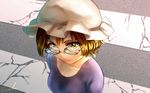  bespectacled blonde_hair breasts closed_mouth collarbone crosswalk eyelashes from_above glasses hair_between_eyes hat light_smile looking_at_viewer maribel_hearn medium_breasts mob_cap purple_shirt shirt short_hair signature solo touhou upper_body welt_(kinsei_koutenkyoku) white_hat yellow_eyes 