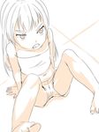  1girl angry arm_support barefoot camisole clenched_teeth female midriff monochrome navel on_ground original satsuyo short_shorts shorts solo 