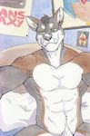  abs anthro armpits bed bedroom black_fur brown_fur canine colored dingo doku fur male mammal muscular navel nude pillow pinup pose poster seductive selfie smile solo teeth traditional_media_(artwork) tuft watercolor_(artwork) white_fur zeussunspot 