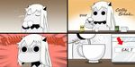  4koma closed_eyes coffee collar comic commentary cup drinking engrish horns kantai_collection kettle long_hair looking_at_viewer mittens moomin moomintroll muppo northern_ocean_hime pouring ranguage salt sazanami_konami spit_take spitting spoon stirring teacup white_hair 