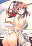  apron areola_slip areolae ass bangs blue_eyes breasts brown_hair chicken_(food) covered_nipples cowboy_shot eyebrows_visible_through_hair food frilled_apron frills from_side hair_between_eyes holding holding_plate kantai_collection kitchen large_breasts lettuce looking_at_viewer looking_back mutsuno_hekisa naked_apron neckerchief plate saratoga_(kantai_collection) side_ponytail sideboob smile solo tomato 