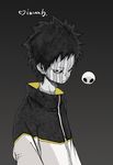  alien bad_id bad_pixiv_id black_background black_hair bodypaint frown highres jersey looking_at_viewer makkamu male_focus original signature solo striped 