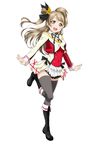  artist_request blonde_hair blush boots bow bowtie brown_eyes earrings frills full_body grey_legwear hair_bun highres jacket jewelry knee_boots leg_up long_hair looking_at_viewer love_live! love_live!_school_idol_project minami_kotori open_mouth simple_background smile solo sore_wa_bokutachi_no_kiseki source_request standing thighhighs white_background zettai_ryouiki 