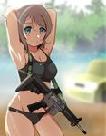  absurdres ankoiri armpits arms_behind_head arms_up assault_rifle backlighting bare_shoulders black_panties blue_eyes blurry blurry_background blush breasts cleavage commentary_request crop_top day gun highres large_breasts light_brown_hair looking_at_viewer love_live! love_live!_sunshine!! m4_carbine midriff military outdoors panties rifle short_hair sleeveless smile solo sports_bra standing tank_top underwear underwear_only watanabe_you weapon 