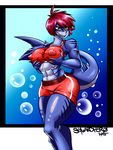  2015 abs anthro armpits big_breasts bra breasts bubble clothed clothing female fin fish hair holding_breast looking_at_viewer marine midriff muscular navel nipple_bulge onat raised_tail red_hair shark short_hair shorts simple_background solo sonya_sharptooth spandex sporty standing tight_clothing underwear 