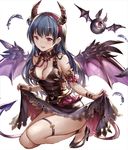  77gl bat_wings blue_hair breasts cleavage demon_horns demon_tail feathers granblue_fantasy_(style) hair_bun high_heels horns legs long_hair looking_at_viewer love_live! love_live!_sunshine!! medium_breasts one-eyed open_mouth purple_eyes purple_wings simple_background skirt skirt_hold smile solo tail tsushima_yoshiko white_background wings 