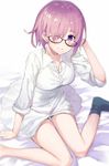  arm_support bed_sheet black-framed_eyewear black_legwear blurry blush bottomless buttons closed_mouth collared_shirt depth_of_field dress_shirt fate/grand_order fate_(series) from_above glasses hair_over_one_eye haru_(hiyori-kohal) long_sleeves looking_at_viewer mash_kyrielight naked_shirt no_shoes on_bed purple_eyes purple_hair shirt short_hair simple_background sitting sleeves_rolled_up smile socks solo wariza white_background white_shirt 