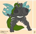  anthro anthrofied areola badgerben big_breasts big_nipples black_body black_nipples breasts changeling colored crown female green_hair green_tail hair hi_res monochrome my_little_pony nipples pussy slightly_chubby solo stripes vee_stripe white_stripes wings yellow_eyes 