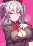  arm_at_side artist_name azumi_akitake blouse blue_eyes blush bow breasts cleavage_cutout grey_blouse hair_bow hand_on_own_chest kantai_collection kashima_(kantai_collection) large_breasts lips long_hair looking_at_viewer open_blouse open_clothes paizuri_invitation parted_lips pink_background signature silver_hair simple_background solo suggestive_fluid twintails unbuttoned upper_body wavy_hair 