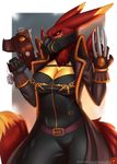  alternate_color anthro black_sclera breasts canine claws digimon digitigrade doomthewolf english_text fan_character female fox fur hand_on_hip hi_res mammal markings mask navel nude red_fur renamon ryva_hellfyre solo text toe_claws tuft warhammer_(franchise) yellow_fur 