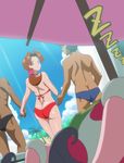  2boys ahoge ass back bangs beach beach_umbrella bikini black_hair blue_sky brown_eyes brown_hair butt_crack chair closed_mouth cloud couple dark_skin dark_skinned_male day dutch_angle faceless faceless_male flipped_hair from_behind gen_1_pokemon hair_ornament hair_scrunchie halterneck hanako_(pokemon) hand_on_own_chest happy hetero holding_hands kneepits legs_apart legs_together light_rays light_smile long_hair looking_at_viewer looking_back lounge_chair low_ponytail lying makino_tomoyasu male_swimwear mature mr._mime multiple_boys on_back outdoors outstretched_arm outstretched_hand palm_tree pink_scrunchie pokemon pokemon_(creature) ponytail red_bikini scrunchie shade shiny shiny_skin shirtless short_hair side-by-side sky sleeping smile solo_focus standing sunbeam sunlight swim_briefs swimsuit swimwear tree umbrella zzz 