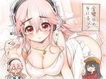  apron black_hair blush breasts check_translation chibi chibi_inset cleavage closed_eyes embarrassed flying_sweatdrops fujimi_suzu hat headphones kanjitomiko large_breasts long_hair looking_at_viewer multiple_girls naked_apron nitroplus open_mouth pink_eyes pink_hair smile super_sonico translation_request wavy_mouth 