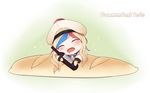  baguette beret blonde_hair blue_hair bread character_name chibi closed_eyes commandant_teste_(kantai_collection) double-breasted food hat jacket kantai_collection l_(twintilde) long_hair multicolored_hair open_mouth red_hair scarf solo streaked_hair white_hair 