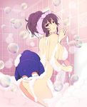  alternate_hairstyle ass bangs bathing bent_over blush breasts bubble embarrassed from_side large_breasts looking_at_viewer murasaki_(senran_kagura) nude official_art parted_lips ponytail purple_eyes purple_hair senran_kagura senran_kagura_new_wave showering soap_bubbles solo stuffed_toy tears towel towel_on_head yaegashi_nan 
