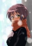  bangs blush breath cold commentary covered_mouth glasses looking_at_viewer mittens nagato_yuki purple_hair scarf shikou_sakugo_(qqap9gt9k) snowing solo suzumiya_haruhi_no_shoushitsu suzumiya_haruhi_no_yuuutsu winter yellow_eyes 