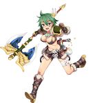  aqua_eyes awakening_(sennen_sensou_aigis) axe bandaged_leg bandages bikini_top boots breasts facial_mark full_body fur_trim gloves green_hair headband holding holding_axe large_breasts moneybag navel open_mouth rorone_(sennen_sensou_aigis) round_teeth sennen_sensou_aigis shin'ya_(shin'yanchi) short_hair solo teeth transparent_background 