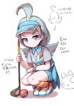  ahoge aqua_hair blue_eyes blue_hat blush bracelet buttons collared_shirt directional_arrow elite_four full_body fun_bo gen_7_pokemon golf_club hat holding jewelry kahili_(pokemon) long_hair looking_at_viewer mole mole_under_eye no_nose orange_footwear orange_legwear pokemon pokemon_(creature) pokemon_(game) pokemon_sm pyukumuku shirt shoes socks solo squatting striped striped_shirt text_focus translation_request visor_cap z-ring 