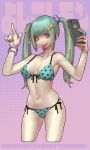  1girl bikini blonde_hair bracelet cellphone character_request collaboration cowboy_shot cropped_legs daichan_mona fingernails front-tie_bikini front-tie_top green_bikini green_hair green_nails hair_bobbles hair_ornament heart highres holding holding_cellphone holding_phone jewelry long_hair multicolored_hair nail_polish navel phone piercing polka_dot polka_dot_background polka_dot_bikini purple_eyes self_shot side-tie_bikini smartphone solo star swimsuit tagme tongue tongue_piercing twintails 