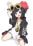  :d arm_up bangs beanie between_legs black_eyes black_hair blush boots borrowed_garments bracelet chain_necklace cosplay eyewear_on_head flat_chest guzma_(pokemon) guzma_(pokemon)_(cosplay) hand_between_legs hat hood hood_down hoodie jewelry k_rough looking_at_viewer mizuki_(pokemon) necklace open_hand open_mouth oversized_clothes palms pokemon pokemon_(game) pokemon_sm red_footwear red_hat short_hair short_sleeves shorts simple_background sitting skull_necklace smile solo sunglasses swept_bangs wariza waving_arm white_background z-ring 