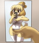  2016 animal_crossing anthro big_breasts blonde_hair blush breasts brown_eyes canine cellphone clothing convenient_censorship dipstick_tail dog eyelashes female hair hi_res holding_object holding_phone isabelle_(animal_crossing) legwear mammal mirror multicolored_tail navel nintendo one_finger_challenge phone reflection selfie shih_tzu shinsuke solo stockings thigh_highs video_games wide_hips 