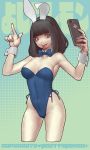  1girl cellphone character_request collaboration cowboy_shot cropped_legs daichan_mona highres holding holding_cellphone holding_phone leotard phone self_shot smartphone solo tagme tongue 