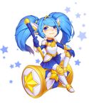  alternate_costume animal_ears armor armored_boots armored_dress blue_eyes blue_hair boots fang hair_ornament hammer highres kezi league_of_legends long_hair looking_at_viewer magical_girl pointy_ears poppy sitting skirt solo star star_guardian_poppy twintails yordle 