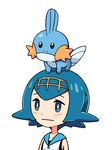  :| bangs bare_shoulders black_swimsuit blue_eyes blue_hair blue_sailor_collar blush bright_pupils closed_mouth collarbone flipped_hair gen_3_pokemon hairband mudkip noske on_head one-piece_swimsuit pokemon pokemon_(creature) pokemon_(game) pokemon_on_head pokemon_sm sailor_collar shirt short_hair simple_background sleeveless sleeveless_shirt solo suiren_(pokemon) swimsuit swimsuit_under_clothes trial_captain upper_body white_background white_shirt 