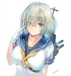  between_breasts blue_eyes breasts collarbone glasses gloves hair_ornament hair_over_one_eye hairclip hamakaze_(kantai_collection) kantai_collection large_breasts looking_at_viewer min-naraken school_uniform serafuku short_hair short_sleeves signature simple_background solo strap turret white_background white_gloves white_hair 