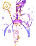  alternate_costume blue_eyes boots elbow_gloves floating_hair gloves hair_ornament highres janna_windforce kezi league_of_legends long_hair looking_at_viewer magical_girl pointy_ears purple_hair skirt smile solo staff star star_guardian_janna thighhighs 