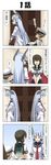  1boy 4koma anger_vein bangs blue_hair blunt_bangs bow braid brown_hair closed_eyes comic crossed_arms door dress epaulettes fingerless_gloves gloves hair_bow hair_tie hallway hat headgear highres isonami_(kantai_collection) kantai_collection little_boy_admiral_(kantai_collection) long_sleeves military_hat murakumo_(kantai_collection) necktie open_mouth pacing peaked_cap pleated_skirt rappa_(rappaya) red_eyes sailor_dress school_uniform serafuku short_hair short_sleeves skirt smile translated twin_braids v_arms 