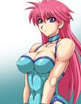  blue_leotard breasts cleavage covered_nipples large_breasts leotard long_hair mighty_yukiko muscle pink_hair purple_eyes solo taroimo_(00120014) wrestle_angels wrestle_angels_survivor wrestling_outfit 