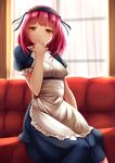  apron come_hither couch curtains finger_in_mouth half-closed_eyes headdress highres indoors kirimori_toya knees_together looking_at_viewer maid original pink_hair puffy_short_sleeves puffy_sleeves red_eyes short_hair short_sleeves sitting solo window 