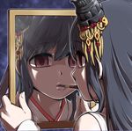  black_hair empty_eyes eyebrows_visible_through_hair food fusou_(kantai_collection) hair_between_eyes hair_ornament holding_mirror japanese_clothes kantai_collection lonely mirror mouth_hold pocky portrait red_eyes reflection solo tokkyuu_mikan 