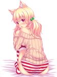  :o animal_ears ass bare_shoulders bed_sheet beige_sweater blonde_hair blush cat_ears eyebrows_visible_through_hair fast-runner-2024 from_behind full_body hair_bobbles hair_ornament highres knees_to_chest knees_up long_hair long_sleeves looking_back low_twintails naala no_pants off-shoulder_sweater open_mouth original panties red_eyes shiny shiny_skin simple_background slit_pupils solo striped striped_legwear striped_panties sweater thighhighs twintails underwear white_background 