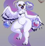  2016 amelia_abernachy anthro avian beak bird black_feathers black_sclera creamygravy eyewear feathered_wings feathers female glasses magic open_mouth owl potion slightly_chubby solo thick_thighs white_feathers wide_hips wings 