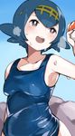  armpits blue_hair breasts hairband holding holding_poke_ball one-piece_swimsuit open_mouth poke_ball poke_ball_(generic) pokemon pokemon_(game) pokemon_sm school_swimsuit short_hair solo suiren_(pokemon) swimsuit toi_(toiot) trial_captain 