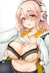  blush bra breasts cleavage headphones highres jewelry kanjitomiko large_breasts long_hair looking_at_viewer navel nitroplus older open_mouth pink_eyes pink_hair ring solo super_sonico underwear 