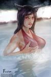 ahri_(lol) animal_humanoid armpits bikini black_hair breasts canine clothing facial_markings female firolian fox fox_humanoid hair human humanoid league_of_legends looking_at_viewer mammal markings presenting seductive solo swimsuit text video_games water wet yellow_eyes 