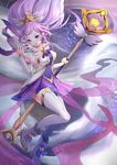  absurdres alternate_costume blue_eyes boots breasts chibi_vanille elbow_gloves floating floating_hair gloves head_tilt highres janna_windforce large_breasts league_of_legends long_hair looking_at_viewer magical_girl pointy_ears ponytail purple_hair solo staff star star_guardian_janna thighhighs 