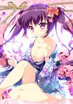 breasts cleavage commentary_request gochuumon_wa_usagi_desu_ka? japanese_clothes kimono large_breasts long_hair mikeou purple_hair sitting solo tedeza_rize twintails 