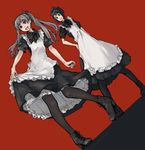 bangs black_eyes boots bow dutch_angle hair_ribbon hand_on_hip highres hogeo maid maid_apron open_mouth original pantyhose ponytail puffy_sleeves red_background ribbon skirt_hold smile standing teeth twintails 