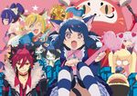  6+boys ;) animal_ears arisugawa_maple bell black_hair black_neckwear blonde_hair bow cat_ears cat_tail cellphone choker crow_(show_by_rock!!) curly_hair cyan_(show_by_rock!!) daru_dayu daruma_doll diffraction_spikes dog_tail drill_hair fan fangs fur_trim furry glasses green_eyes grin guitar hair_ornament hair_ribbon hairband headphones headphones_around_neck heart heart-shaped_pupils heart_hair_ornament index_finger_raised instrument japanese_clothes kai_(show_by_rock!!) kimono leopard lolita_fashion lolita_hairband long_hair multicolored_hair multiple_boys multiple_girls necktie off_shoulder one_eye_closed opaque_glasses open_mouth paw_pose petticoat phone pink_background pink_hair purple_hair red_eyes red_neckwear retoree ribbon riku_(show_by_rock!!) rom_(show_by_rock!!) rosia_(show_by_rock!!) short_hair show_by_rock!! shu_zo_(show_by_rock!!) simple_background sitting smartphone smile star star-shaped_pupils strawberry_heart streaked_hair striped striped_legwear symbol-shaped_pupils tail thighhighs twintails v very_long_hair yellow_eyes yuuki_(irodo_rhythm) 