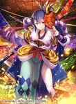  blue_hair boots brown_eyes company_name feathers fire_emblem fire_emblem_cipher fire_emblem_if fuji_choko fur_trim japanese_clothes long_hair mask naginata oboro_(fire_emblem_if) official_art oni_mask polearm ponytail smile solo weapon 