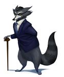  anthro cane clothed clothing justwannadraw looking_at_viewer male mammal necktie raccoon smile solo standing suit teeth 